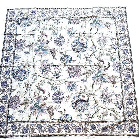 Vintage Cotton Tablecloth Jacobean flowers motif blue sage & white square cloth - Picture 1 of 10